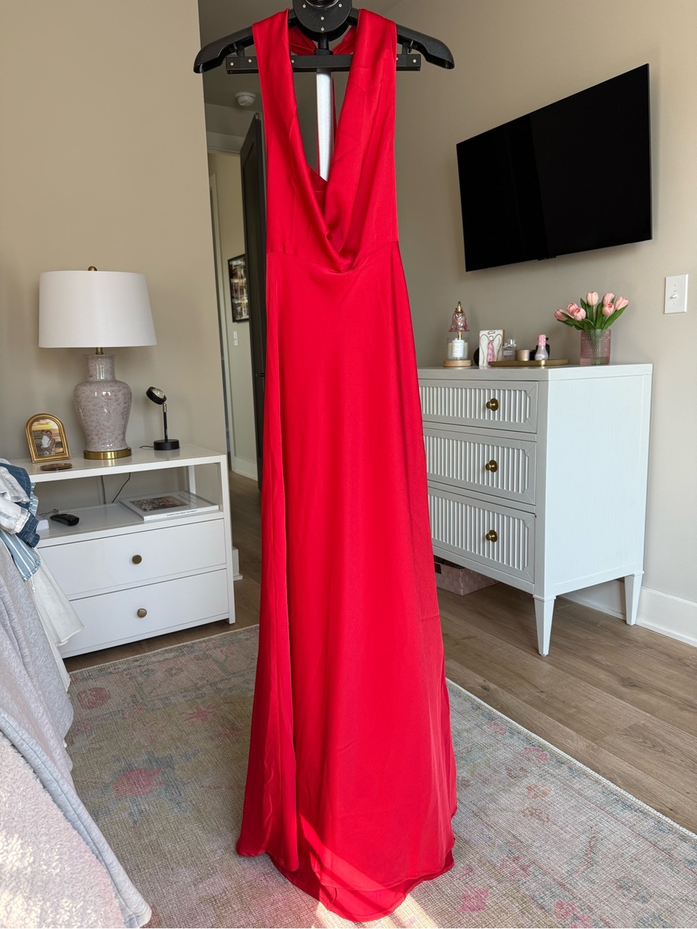 LUXXEL Red Satin Cowl Neck Halter Maxi Dress – Small NWT